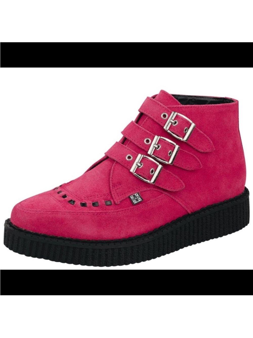 T.U.K pink suede buckle creeper boots